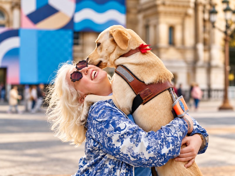 Une femme rit en serrant un grand chien contre elle, dans la rue.