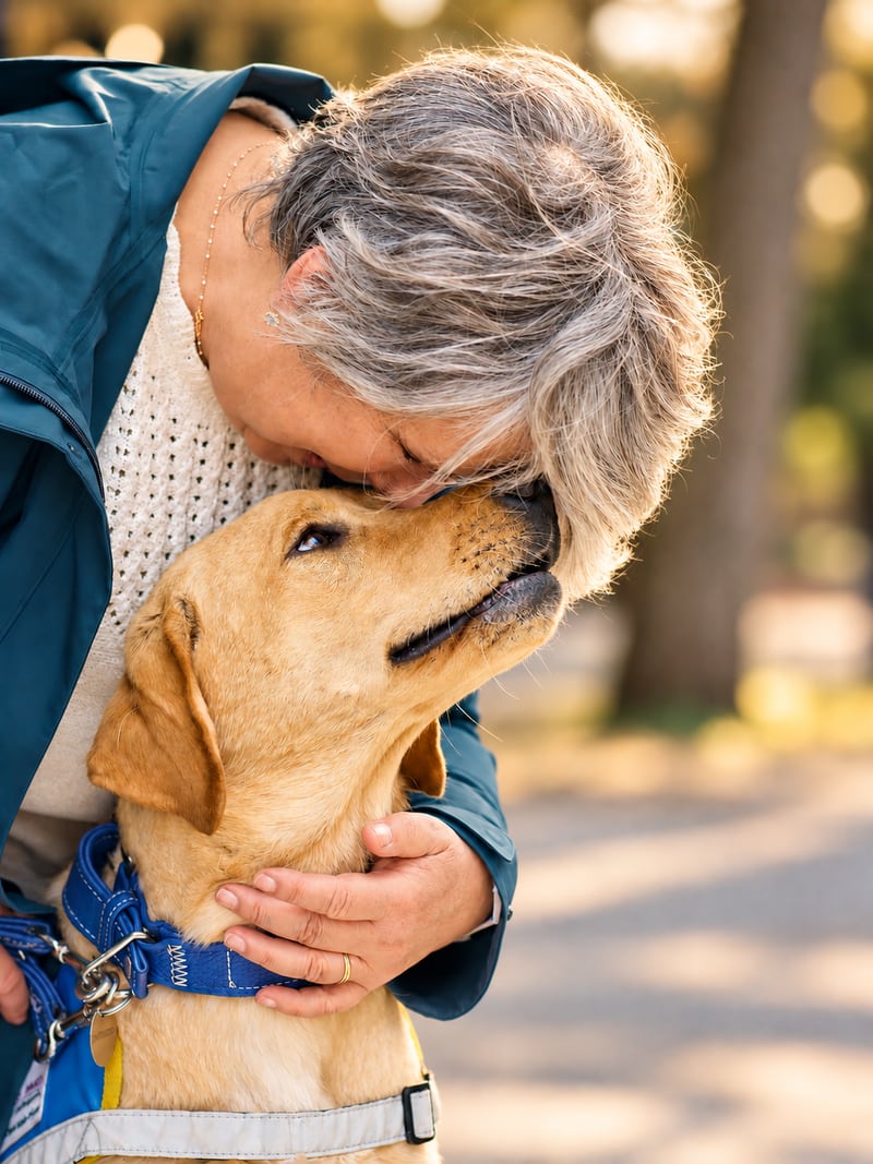 Une personne aux cheveux gris rapproche son visage de celui d’un chien.