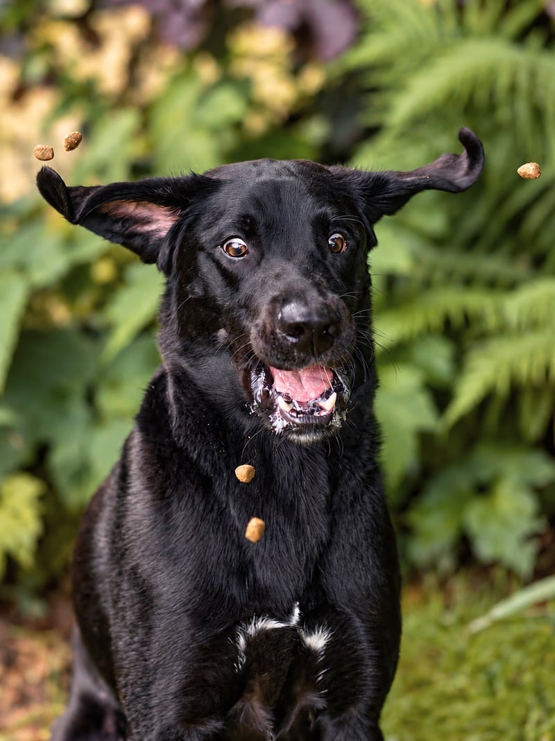 Un chien noir regarde des friandises lancées en l’air.