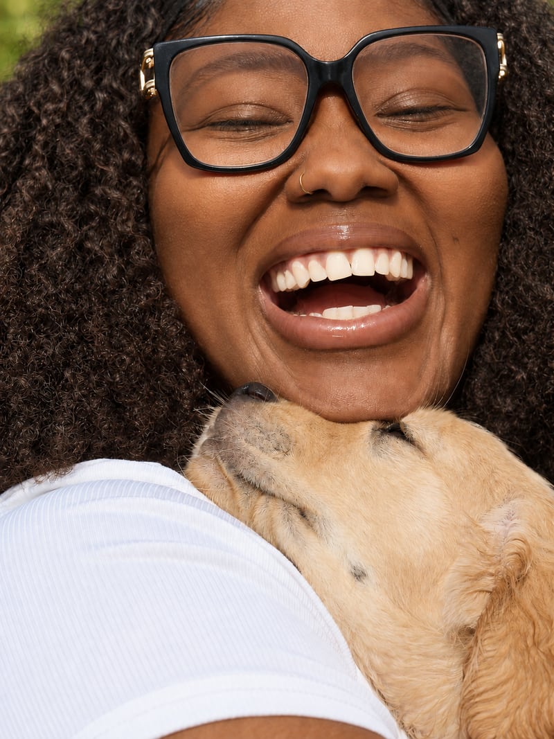 Une femme rit en serrant un chiot contre son cou.